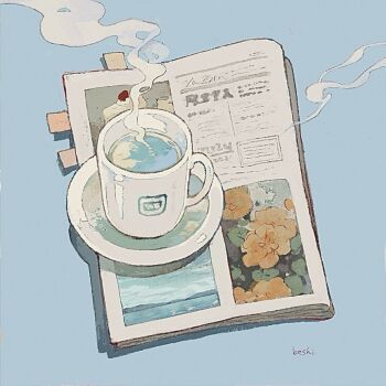 artist_name cup highres ka_(996beshi) magazine_(object) mug no_humans original saucer signature steam still_life