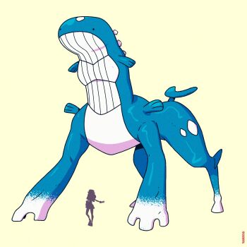 1girl 1other alternate_form expressionless full_body gen_3_pokemon highres meme nintendo no_humans original_form_pokemon_(meme) parody pedro_larez pokemon pokemon_(creature) pokemon_xy serena_(pokemon) silhouette simple_background size_comparison size_difference standing wailord what