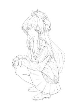 1girl absurdres aemeath_(wuthering_waves) alternate_costume breasts cleavage closed_mouth collarbone commentary ddcc0123 from_side full_body highres light_smile lineart long_hair long_sleeves looking_at_viewer looking_to_the_side medium_breasts ponytail shoes simple_background sketch skirt smile solo squatting star-shaped_pupils star_(symbol) sweater symbol-shaped_pupils white_background wuthering_waves