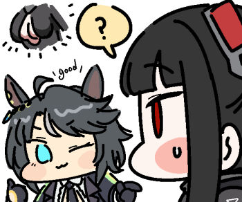 Rule 34 | 2girls, :3, ?, ahoge, animal ears, black bodysuit, black gloves, black hair, black necktie, blue archive, blue eyes, blunt bangs, blush stickers, bodysuit, breasts, center frills, cleavage, closed mouth, commentary, crossover, ear ornament, ear piercing, frilled shirt, frills, fuji kiseki (shooting star revue) (umamusume), fuji kiseki (umamusume), gloves, horse ears, horse girl, jacket, jazz jack, large breasts, latex, latex bodysuit, long hair, long sleeves, looking at another, multicolored hair, multiple girls, necktie, official alternate costume, official alternate hairstyle, one eye closed, open clothes, open jacket, piercing, pointing, ponytail, red eyes, rio (blue archive), rio (bodysuit) (blue archive), shirt, short hair, sidelocks, simple background, smile, spoken question mark, sweatdrop, thumbs up, trait connection, umamusume, upper body, very long hair, white background, white hair, white shirt