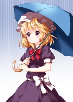 Rule 34 | 1girl, blonde hair, blue background, bow, bowtie, breasts, closed mouth, collared shirt, colored skin, commentary, dress, hat, highres, holding, holding umbrella, maribel hearn, mob cap, one-hour drawing challenge, parasol, puffy short sleeves, puffy sleeves, purple dress, purple eyes, red bow, red bowtie, red ribbon, ribbon, ruu (tksymkw), shirt, short hair, short sleeves, small breasts, smile, solo, striped background, touhou, umbrella, vertical-striped background, waist bow, white hat, white ribbon, white skin