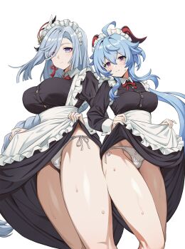2girls absurdres alternate_costume apron blue_eyes blue_hair breasts closed_mouth commentary_request enmaided ganyu_(genshin_impact) genshin_impact goat_horns highres horns large_breasts lifting_own_clothes long_hair looking_at_viewer maid maid_apron maid_headdress medium_breasts multiple_girls panties purple_eyes shenhe_(genshin_impact) side-tie_panties simple_background standing thighs underwear white_apron white_background white_panties ziko
