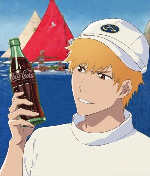 2girls bikini bleach bleach:_sennen_kessen-hen bottle brown_eyes coca-cola drink hat holding holding_drink kurosaki_ichigo multiple_girls ocean orange_hair photo-referenced product_placement promotional_art second-party_source shirt short_hair sky soda_bottle swimsuit teeth upper_body water