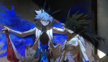 2boys alien_888 antenna_hair armor bleeding blonde_hair blood blue_hair coat cowboy_shot death face_in_shadow facial_mark facing_ahead facing_to_the_side furrowed_brow glowing glowing_eyes green_eyes highres holding holding_coat holding_unworn_clothes hole_in_chest hole_on_body implied_murder indoors injury kuaidul_velgear long_sleeves looking_ahead lying male_focus multiple_boys museum on_back open_clothes open_coat outstretched_arms paint paint_on_clothes paint_splatter painting_(object) pinned popped_collar shade sheath sheathed shoulder_armor sleeves_past_wrists spiked_hair suspension unworn_coat white_coat yu-gi-oh! yu-gi-oh!_go_rush!! yudias_velgear