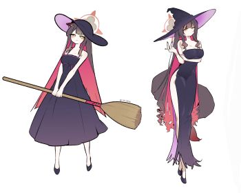 1girl absurdres alternate_costume alternate_hairstyle animal_ear_fluff animal_ears arm_under_breasts bare_arms bare_shoulders black_hair black_shoes blue_archive blush breasts broom cleavage closed_mouth colored_inner_hair crossed_ankles dress fox_ears fox_girl fox_tail halo hat highres holding holding_broom large_breasts long_hair multicolored_hair purple_dress purple_hat red_hair red_halo shoes side_slit sidelocks sleeveless sleeveless_dress smile smsm516 tail two-tone_hair wakamo_(blue_archive) witch witch_hat yellow_eyes