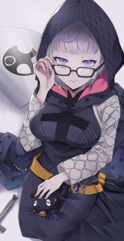 1girl absurdres baby_animal black-framed_eyewear black_dress blue_eyes dress fate/grand_order fate_(series) glasses grey_hair highres hooded_dress jacques_de_molay_(foreigner)_(fate) jacques_de_molay_(foreigner)_(first_ascension)_(fate) kubomi_943 lamb long_sleeves looking_at_viewer seiza sheep shield short_hair simple_background sitting smile sword weapon