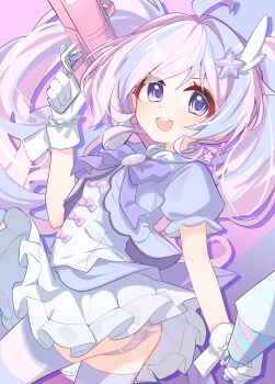 1girl absurdres blue_archive blush bow chinese_commentary commentary dress gloves glyphsss hair_between_eyes hair_ornament highres holding holding_weapon long_hair multicolored_hair official_alternate_costume official_alternate_hairstyle open_mouth panties pink_hair puffy_short_sleeves puffy_sleeves purple_bow purple_eyes purple_hair purple_panties purple_thighhighs reisa_(blue_archive) reisa_(magical)_(blue_archive) rocket_launcher rpg rpg-7 rpg_(weapon) short_sleeves skirt smile star_(symbol) star_hair_ornament striped_clothes striped_thighhighs thighhighs underwear very_long_hair weapon white_dress white_gloves white_skirt