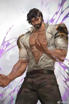 1boy arcane:_league_of_legends arcane_jayce beard black_hair brown_hair dark_skin facial_hair highres jayce_(league_of_legends) league_of_legends looking_at_viewer male_focus muscular muscular_male shirt teeth tengo_(maotengo)