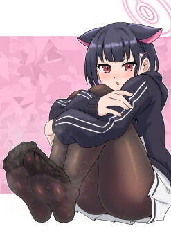 1girl absurdres animal_ears black_hair blue_archive blush feet highres hugging_own_legs kazusa_(blue_archive) looking_at_viewer medium_hair pantyhose parted_lips red_eyes soles steam toes urin_(littleurin)