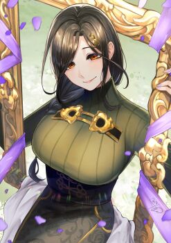 Rule 34 | 1girl, blush, braid, breasts, brown hair, commentary request, eyes visible through hair, green sweater, grey hair, hair ornament, hair over one eye, highres, large breasts, long braid, long hair, looking at viewer, multicolored hair, nekotokage, nijisanji, open mouth, orange eyes, ribbed sweater, shawl, shirayuki tomoe, shirayuki tomoe (1st costume), single braid, smile, sweater, virtual youtuber, white shawl