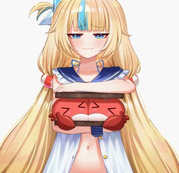 Rule 34 | > <, 1girl, :3, blonde hair, blue eyes, blue streaks, closed mouth, commentary, dress, highres, indie virtual youtuber, kaniki (sameko saba), lifebuoy hair ornament, long hair, looking at viewer, meme, navel, one side up, open clothes, open dress, pietrosatou, sailor dress, sameko saba, shioreos (meme), simple background, symbol-only commentary, very long hair, virtual youtuber, white background, white dress