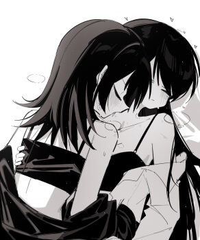 2girls bang_dream! bang_dream!_it's_mygo!!!!! bite_mark bite_mark_on_neck blush camisole closed_eyes closed_mouth greyscale heart highres long_hair mole mole_under_eye monochrome multiple_girls off_shoulder open_mouth shiina_taki yahata_umiri yuri zikiki1092