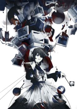 1girl absurdres ascot conductor_baton bird black_hair black_hat black_shirt blood blood_bag blue_ascot blue_bow blue_eyes book bottle bow cable cardiogram cd chinese_commentary collared_shirt commentary computer computer_tower cowboy_shot doremy_sweet dress fox frilled_bow frilled_sleeves frills gap_(touhou) gohei hair_over_one_eye hat hat_bow heron highres holding holding_book long_sleeves looking_afar maozi monitor moon nightcap open_mouth paper pill pill_bottle rabbit red_bow red_hat saturn_(planet) shirt short_hair simple_background solo star_(symbol) table tape touhou upper_body waist_bow white_background white_bow white_dress witch_hat