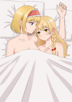 2girls absurdres alice_margatroid blonde_hair blue_eyes blush bow braid breasts cleavage closed_mouth commentary_request ear_blush frilled_hairband frills hair_bow hairband head_on_pillow highres kirisame_marisa kiyo_(tomoki6107) lolita_hairband long_hair multiple_girls nude pillow red_bow red_hairband side_braid single_braid smile touhou under_covers yellow_eyes yuri