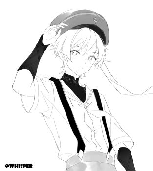 1boy absurdres alternate_costume anemo_symbol_(genshin_impact) arm_at_side armor beret blunt_ends bodysuit choppy_bangs genshin_impact greyscale hand_up hat highres japanese_armor kote looking_to_the_side male_focus mandarin_collar monochrome neckerchief sailor scaramouche_(genshin_impact) school_uniform serafuku short_sleeves solo suspenders twitter_username upper_body wanderer_(genshin_impact) whisper_(suisuibingtang) white_background
