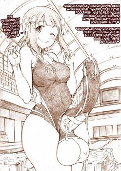 1futa amami_haruka breasts caption cum elzikyuchi english_text excessive_cum from_below full-package_futanari futanari gekka_kaguya_(urabata) hair_ribbon huge_penis huge_testicles idolmaster idolmaster_(classic) medium_breasts monochrome one_eye_closed penis pool ribbon smile solo swimsuit testicles third-party_edit