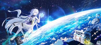 1girl cassette_tape commentary dress earth_(planet) english_commentary grey_hair hair_ornament hair_over_one_eye halo hand_up high_heels highres id_card jacket long_hair mornye_(wuthering_waves) planet purple_dress red_eyes see-through_body solo space tacet_mark_(wuthering_waves) twitter_username white_jacket wuthering_waves yuuchi_ir