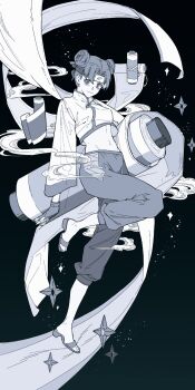 1girl closed_mouth commentary fingerless_gloves forehead_protector full_body gloves greyscale hair_bun highres konohagakure_symbol leg_up momoyoru1 monochrome naruto_(series) scroll_tube short_hair shuriken solo tenten_(naruto) weapon