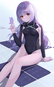 Rule 34 | 1girl, atsuko (blue archive), black leotard, blue archive, blush, breasts, bug, butterfly, commentary request, hair between eyes, halo, highres, insect, kuronagasu ir, legs, leotard, long hair, no pants, on floor, purple hair, red eyes, solo, white halo