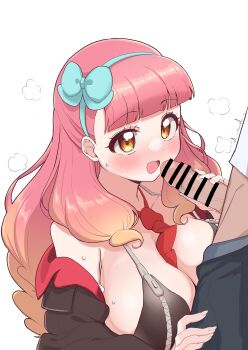 1boy 1girl :d absurdres aikatsu!_(series) aikatsu_friends! alternate_breast_size bar_censor bare_shoulders between_breasts black_bra black_jacket black_pants blue_archive blue_bow blue_hairband blunt_bangs blush bow bow_hairband bra breast_zipper breasts censored cleavage commentary_request cosplay curly_hair dot_nose eimi_(blue_archive) eimi_(blue_archive)_(cosplay) gradient_hair hair_bow hairband handjob highres jacket large_breasts long_hair multicolored_hair necktie necktie_between_breasts off_shoulder open_mouth orange_eyes orange_hair pants penis_out pink_hair red_necktie shirt simple_background smile standing steam sweat tatsuya_(tatuya031200) underwear upper_body voice_actor_connection white_background white_shirt yuki_aine