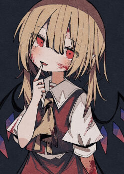 1girl blood blood_on_clothes blood_on_face blood_on_hands commentary crystal_wings dark_background finger_to_mouth flandre_scarlet highres looking_at_viewer medium_hair nacht_musik no_headwear parted_lips red_skirt red_vest shirt short_sleeves skirt smile solo touhou upper_body vampire vest white_shirt wings