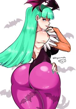 1girl animal_print ass backless_leotard bare_shoulders bat_(animal) bat_print black_leotard blunt_bangs blunt_ends bridal_gauntlets commentary curvy d-ryuu darkstalkers english_commentary green_eyes green_hair green_nails half-closed_eyes hand_on_own_ass head_wings highleg highleg_leotard huge_ass leotard lips long_hair looking_back morrigan_aensland orange_bridal_gauntlets pantyhose pink_lips pink_pantyhose print_pantyhose smile straight_hair thick_thighs thighs thong_leotard wide_hips wings