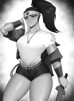 Rule 34 | 1girl, absurdres, artist name, buruma, coach, cowboy shot, gym shirt, headband, highres, jacket, jacket partially removed, jso, jump rope, light blush, monochrome, multiversus, shirt, smile, solo, spot color, sword, thick thighs, thighs, vignetting, weapon, whistle, whistle around neck, wonder woman, wooden sword