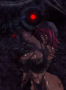 breasts covered_erect_nipples curvy dark_skin highres huge_breasts large_breasts machine nipples open_mouth rhemora wrench