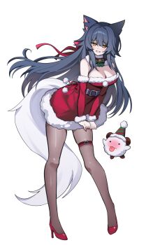 1girl ahri_(league_of_legends) alternate_costume animal animal_ears armpit_crease bare_shoulders bell belt black_belt black_hair blush bow breasts cleavage commentary detached_collar detached_sleeves dress facial_mark fox_ears fox_girl full_body fur-trimmed_collar fur-trimmed_dress fur-trimmed_sleeves fur_trim green_bow grin hair_between_eyes hair_ribbon hat high_heels highres large_breasts league_of_legends leaning_forward long_hair looking_at_viewer low_neckline neck_bell pantyhose party_hat pelicana pom_pom_(clothes) poro_(league_of_legends) red_dress red_nails red_ribbon red_shoes ribbon santa_costume shoes sidelocks simple_background skindentation smile standing thigh_strap v_arms very_long_hair whisker_markings white_background yellow_eyes