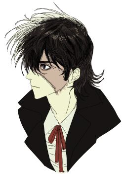 Rule 34 | 1boy, black hair, black jack (character), black jack (series), expressionless, highres, male focus, mdch48, multicolored hair, patchwork skin, simple background, solo, split-color hair, two-tone hair, upper body, white background, white hair