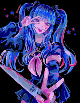 1girl absurdres amemiya_darumi black_background black_bow black_sailor_collar black_serafuku black_skirt blood bloody_tears blue_hair bow commentary_request double_v eyeshadow grin hair_bow highres holding holding_knife knife kuchi_go_(rogopan) last_defense_academy_school_uniform long_hair long_sleeves looking_at_viewer makeup multicolored_hair neckerchief neon_palette pink_eyes red_eyeshadow sailor_collar school_uniform serafuku skirt smile solo star_(symbol) the_hundred_line_-last_defense_academy- tongue tongue_out twintails twitter_username v v_over_eye watermark white_neckerchief