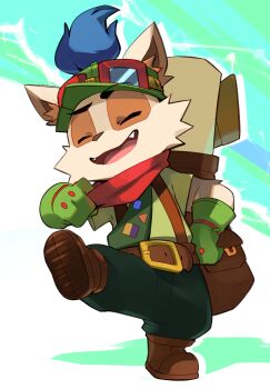 1boy 2xko brown_shoes closed_eyes commentary english_commentary fang furry furry_male goggles goggles_on_headwear green_hat green_pants green_shirt hat highres league_of_legends neckerchief open_mouth pants red_neckerchief shirt shoes smile smiteyyordle teemo yordle