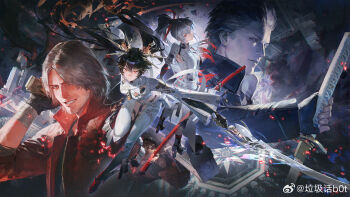 Rule 34 | 2boys, 2girls, alpha: crimson weave (pgr), alpha (pgr), bat (animal), beard stubble, black hair, blue eyes, coat, creamyghost, crossover, dante (devil may cry), devil may cry (series), devil may cry 5, dual wielding, ebony &amp; ivory, facial hair, fighting stance, fingerless gloves, full body, gloves, gun, hair between eyes, heterochromia, highres, holding, holding gun, holding weapon, looking at viewer, looking back, lucia: pyroath (pgr), lucia (pgr), mechanical arms, multicolored hair, multiple boys, multiple girls, official art, punishing: gray raven, red coat, red eyes, red streaks, ruins, streaked hair, stubble, twintails, two-tone hair, vergil (devil may cry), watermark, weapon, weibo username, weibo watermark, white hair, yamato (sword)