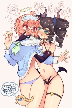 2girls black_gloves black_hair black_panties blue_panties blush breasts collarbone cosplay demon_horns demon_wings drill_hair elbow_gloves fake_halo fake_horns fake_wings glasses gloves grabbing_another&#039;s_breast green_eyes groping halo highres horns keika_(silky_the_phantom_thief) large_breasts long_hair looking_at_another multiple_girls navel open_mouth original panties pink_hair red_eyes sai_koro silky_(silky_the_phantom_thief) silky_the_phantom_thief simple_background small_breasts sweat thong twin_drills underwear wavy_mouth white_background wings yuri