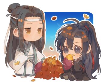 2boys ahoge amana_raika autumn_leaves black_boots black_eyes black_hair black_hanfu boots chibi chibi_only chinese_clothes closed_mouth couple eating falling_leaves food food_on_face full_body ginkgo_leaf grey_eyes hair_ribbon hanfu headband holding holding_food lan_wangji leaf long_hair long_sleeves looking_at_another male_focus modao_zushi multiple_boys ponytail red_ribbon ribbon robe sash sidelocks sitting standing sweet_potato tassel topknot wei_wuxian white_background white_boots white_hanfu white_headband wide_sleeves xiao_guan_(headdress) yaoi yaopei yellow_eyes