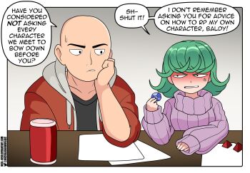 1boy 1girl :o anger_vein angry arm_support artist_name bald blush can clenched_teeth commentary deviantart_username dice drink_can english_commentary english_text gradient_background green_hair grey_background grey_hoodie highres hood hood_down hoodie leaning_on_table long_sleeves narrowed_eyes nico-neko one-punch_man paper purple_sweater red_hoodie saitama_(one-punch_man) scowl sideways_glance sleeves_past_wrists soda_can speech_bubble sweatdrop sweater talking tatsumaki teeth twitter_logo twitter_username two-tone_hoodie upper_body