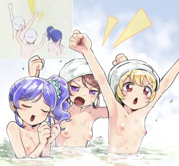 3girls aikatsu!_(series) aqua_scrunchie arms_up blonde_hair blush breasts brown_hair closed_eyes highres hoshimiya_ichigo kiriya_aoi makura_(etokakaitari) multiple_girls multiple_views nipples onsen open_mouth own_hands_together partially_submerged purple_hair reference_inset screenshot_inset scrunchie shibuki_ran shiny_skin side_ponytail small_breasts steam towel towel_on_head v-shaped_eyebrows water wet