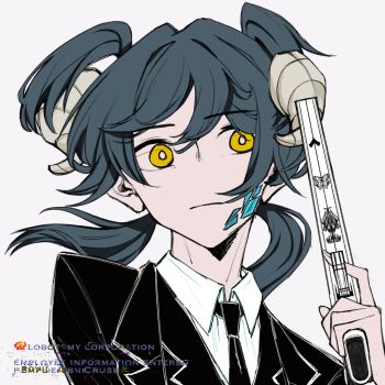 1boy bad_tag black_coat black_suit blue_hair bright_pupils coat collared_shirt commentary_request e.g.o_(project_moon) earrings employee_(project_moon) finger_on_trigger formal_clothes goat_horns gun hair_between_eyes hair_intakes hand_up highres holding holding_gun holding_weapon horns jewelry lapels lobotomy_corporation looking_at_viewer low_twintails male_focus notched_lapels nugget_(project_moon) original pistor project_moon shirt short_twintails single_earring solemn_lament_(e.g.o) suit sutoroboraito twintails two_side_up upper_body weapon white_background white_shirt yellow_eyes