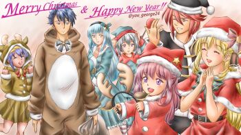 Rule 34 | 3boys, 4girls, aaron wei, agnes claudel, animal costume, antlers, christmas, commentary request, eiyuu densetsu, feri al-fayed, happy, happy new year, hat, highres, horns, kuro no kiseki (series), merry christmas, multiple boys, multiple girls, new year, quatre salision, reindeer antlers, reindeer costume, risette twinings, santa costume, santa hat, van arkride, you george24, yume (kuro no kiseki)