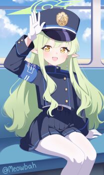 1girl blue_archive gloves green_hair halo happy hat highres hikari_(blue_archive) long_hair long_sleeves looking_at_viewer meowbah open_mouth pleated_skirt sitting skirt smile train train_interior yellow_eyes