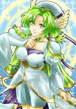 1girl armor closed_mouth commentary_request dress earrings fire_emblem fire_emblem:_the_sacred_stones fire_emblem_heroes green_eyes green_hair highres holding holding_staff jewelry l'arachel_(fire_emblem) l'arachel_(justice-armed)_(fire_emblem) long_sleeves looking_at_viewer nintendo shoulder_armor smile solo staff wai_power white_dress