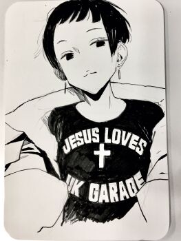 Rule 34 | 1girl, black hair, black shirt, earrings, english text, highres, jacket, jewelry, marker (medium), original, photo (medium), print shirt, shadow, shirt, short hair, solo, stag (snobby snob), traditional media, upper body, white jacket, whiteboard (medium)