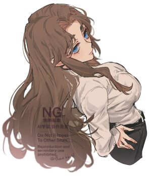 09wave_hb 1girl belt black_belt black_pants blue_eyes breasts brown_hair closed_mouth collared_shirt cowboy_shot from_above hands_on_own_hips highres large_breasts limbus_company long_hair looking_at_viewer looking_up mole mole_under_eye pants parted_bangs project_moon rodion_(project_moon) shirt sidelocks simple_background smile solo very_long_hair white_background white_shirt