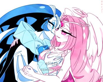 1boy 1girl angel angel_wings blue_eyes blue_skin brooch colored_skin cookie_run cookie_run:_kingdom dress eternal_sugar_cookie haep0510 hat highres humanization jester_cap jewelry long_hair long_sleeves neck_ruff pink_eyes pink_hair pink_skin puffy_sleeves shadow_milk_cookie simple_background smile very_long_hair white_dress white_hair wings
