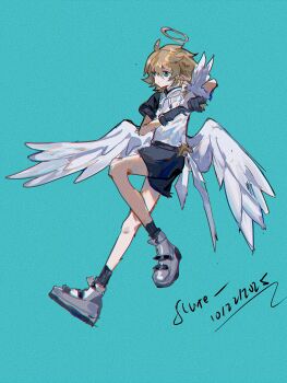 1boy absurdres ahoge angel angel_wings aotu_world aqua_background artist_name bird bird_on_hand black_shorts black_socks blonde_hair blue_background blue_eyes chinese_commentary closed_mouth dated drawstring feathered_wings full_body gloves hair_between_eyes halo highres hood hood_down hoodie king_(aotu_world) looking_at_viewer luoshansama male_focus multicolored_hoodie pointy_ears shoes short_hair short_sleeves shorts simple_background sneakers socks solo white_bird white_hoodie white_shoes white_wings wings