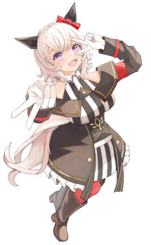 1girl absurdres animal_ears bare_shoulders black_boots blush boots bow breasts coat commentary_request curren_chan_(fille_eclair)_(umamusume) curren_chan_(umamusume) double_w dress ear_bow ear_covers gloves grey_hair highres horse_ears horse_girl horse_tail iko_(saikoro_k0702) long_sleeves looking_at_viewer medium_breasts off-shoulder_coat off-shoulder_dress off-shoulder_jacket off_shoulder open_mouth purple_eyes red_bow red_thighhighs short_hair simple_background smile solo striped_clothes striped_dress tail thighhighs umamusume v vertical-striped_clothes vertical-striped_dress w white_background white_gloves