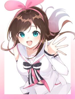 1girl bare_shoulders black_bow blue_eyes blush bow breasts brown_hair commentary_request cowboy_shot detached_sleeves ekakimii hairband hand_up highres kizuna_ai kizuna_ai_(1st_costume) kizuna_ai_inc. long_hair long_sleeves looking_at_viewer medium_breasts multicolored_hair open_mouth pink_hairband pink_streaks sailor_collar shirt smile solo streaked_hair swept_bangs virtual_youtuber white_sailor_collar white_shirt