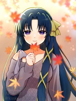 Rule 34 | 1girl, alternate costume, arm at side, autumn leaves, black hair, blunt ends, blurry, blurry background, blush, bow, breasts, casual, clenched hand, closed mouth, collarbone, commentary request, day, depth of field, eyelashes, eyes visible through hair, falling leaves, grey sweater, hair between eyes, hair bow, hair ribbon, hand up, highres, holding, holding leaf, kurugaya yuiko, large breasts, leaf, little busters!, long hair, looking at viewer, maple leaf, outdoors, parted bangs, piyo (kinkooo333), purple eyes, ribbon, sidelocks, single bare shoulder, sleeves past wrists, smile, solo, straight-on, straight hair, sweater, tress ribbon, tsurime, upper body, very long hair, yellow bow, yellow ribbon