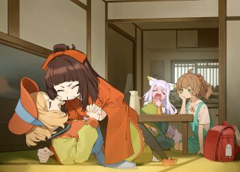 4girls animal_ear_fluff animal_ears aqua_dress backpack bag black_hair black_pantyhose blonde_hair bonnet bow brown_hair catherine_(yasuda_genshou) cheek_pinching clenched_teeth closed_eyes commentary_request dress fighting fox_ears green_eyes hair_bow hand_to_own_mouth head_rest indoors interlocked_fingers japanese_clothes kaede_(yasuda_genshou) kimono multiple_girls open_mouth original pantyhose pinching pitcher_(container) purple_hair randoseru red_bow red_shoes shoes side_ponytail sitting table tail tatami teeth uka-chan_(yasuda_genshou) yasuda_genshou yawning yokozuwari yoshino_(yasuda_genshou)