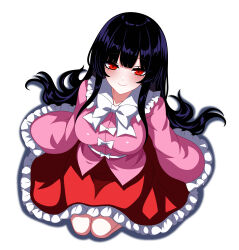 Rule 34 | 1girl, black hair, blunt bangs, blush, bow, bowtie, breasts, commentary request, frilled shirt collar, frilled skirt, frilled sleeves, frills, from above, full body, highres, hime cut, houraisan kaguya, large breasts, long hair, long sleeves, pink shirt, red eyes, red skirt, seductive smile, seiza, shirt, sidelocks, sitting, skirt, smile, solo, ssaf52913778, touhou, very long hair, white bow, white bowtie, wide sleeves